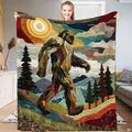 Folk art mosaic Bigfoot walking across rolling mountain foothills under a golden sun, view 1.