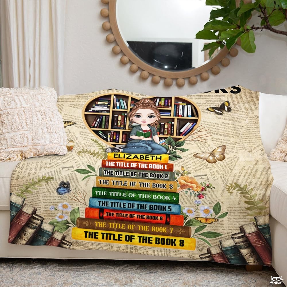 Personalized Reading Girl on Heart Bookshelf Throw Blanket - Book