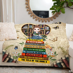 Personalized Reading Girl on Heart Bookshelf Throw Blanket - Book