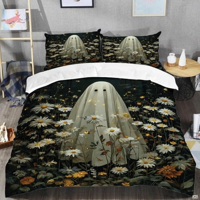 Angled bedroom setup showing bed styled with whimsical ghost and blooming daisy bedding.