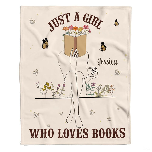 Personalized Floral Line-Art Girl Reading Blanket Throw - Book Lover