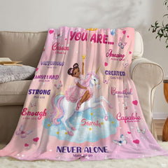 Princess unicorn throw blanket view 8 highlighting unicorn, affirmation quotes, and pink background