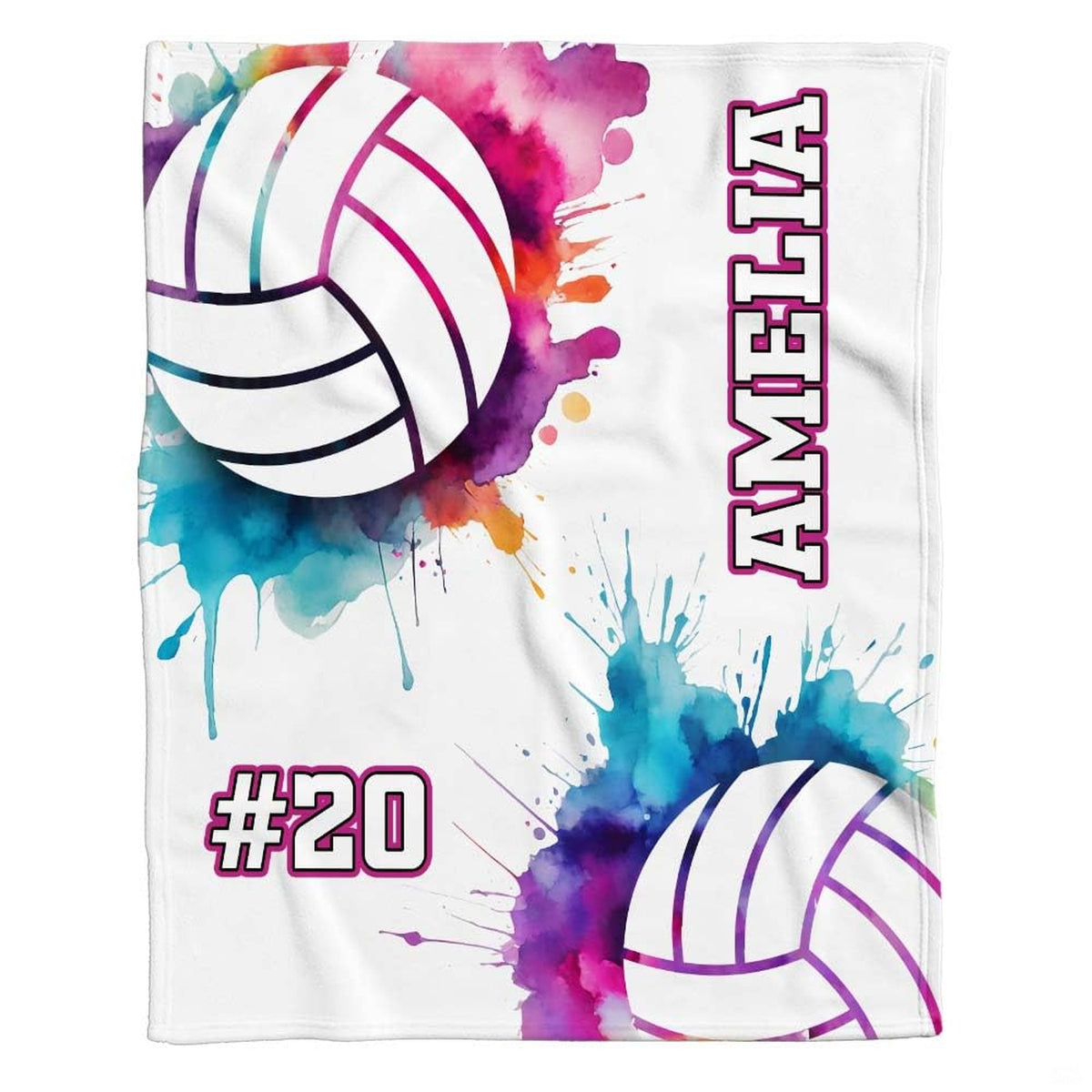 Volleyball paint splatter bed set featuring magenta, teal, and orange watercolor art on clean white backdrop.