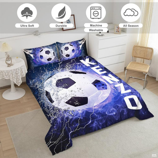 Close-up perspective of blue soccer bedding showcasing electric lightning tendrils and splash effects