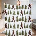 Pine forest bedding showing repeating walking Sasquatch silhouettes and evergreen trees on white.