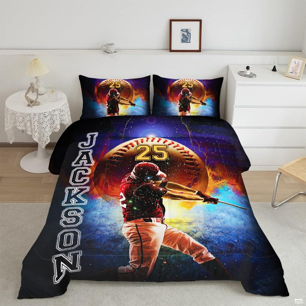 Cosmic lightning baseball sports bedding featuring home-run batter and glowing golden baseball on a bed