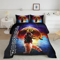 Cosmic lightning baseball sports bedding featuring home-run batter and glowing golden baseball on a bed