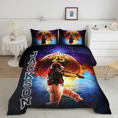 Cosmic lightning baseball sports bedding featuring home-run batter and glowing golden baseball on a bed