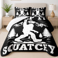 Monochrome Bigfoot graphic bedding set displayed in modern bedroom.