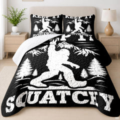 Monochrome Bigfoot graphic bedding set displayed in modern bedroom.