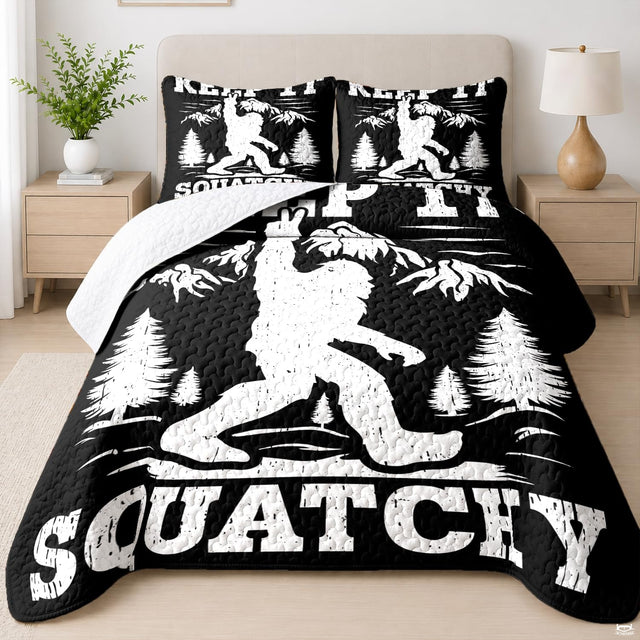 Monochrome Bigfoot graphic bedding set displayed in modern bedroom.