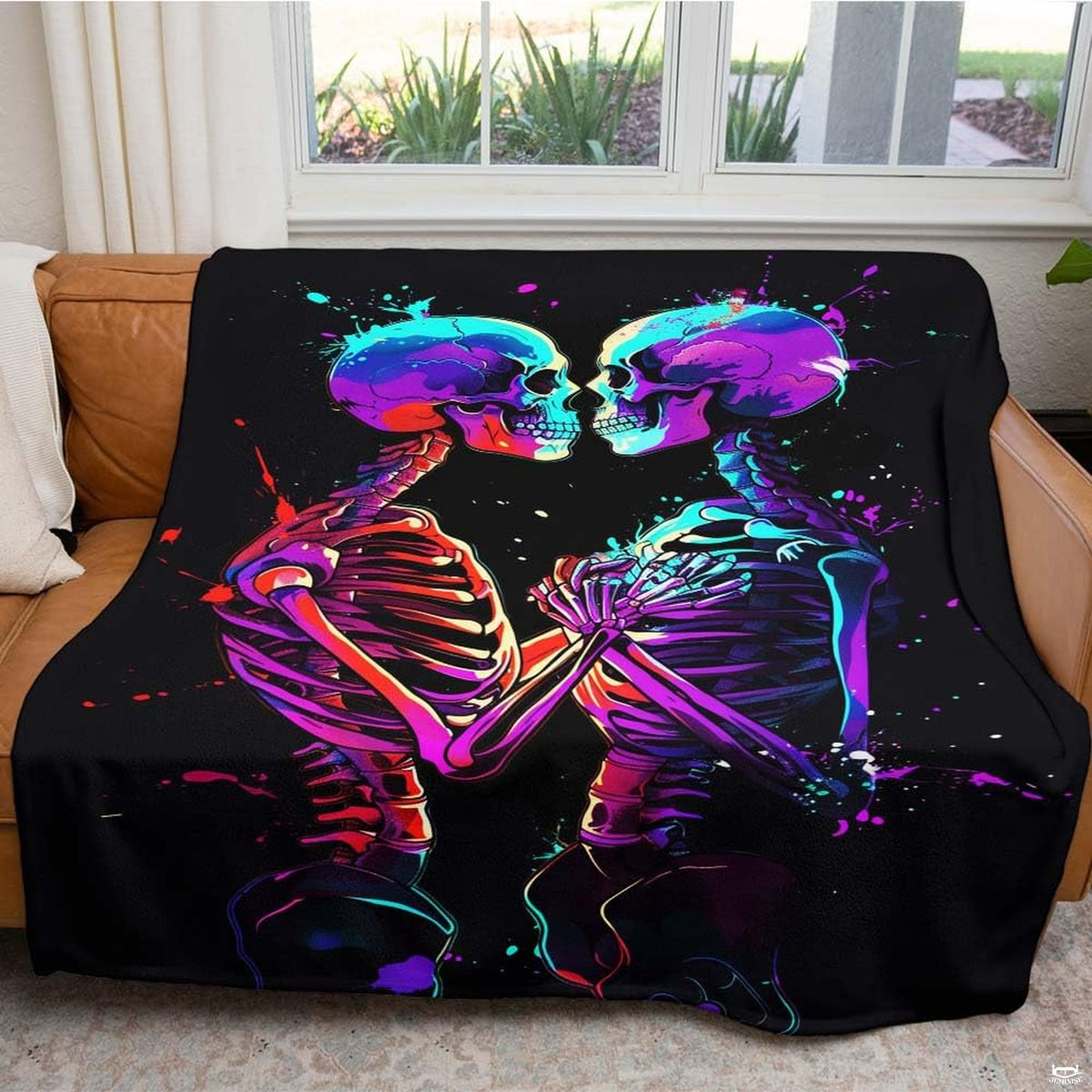 Alternative living room setting featuring neon skeleton lovers throw blanket