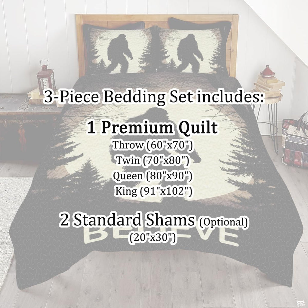 Full bedroom display of vintage khaki Bigfoot bedding styled with outdoor cabin room decor accents