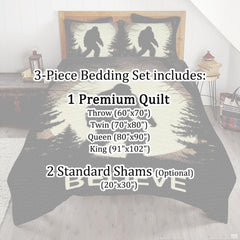 Full bedroom display of vintage khaki Bigfoot bedding styled with outdoor cabin room decor accents