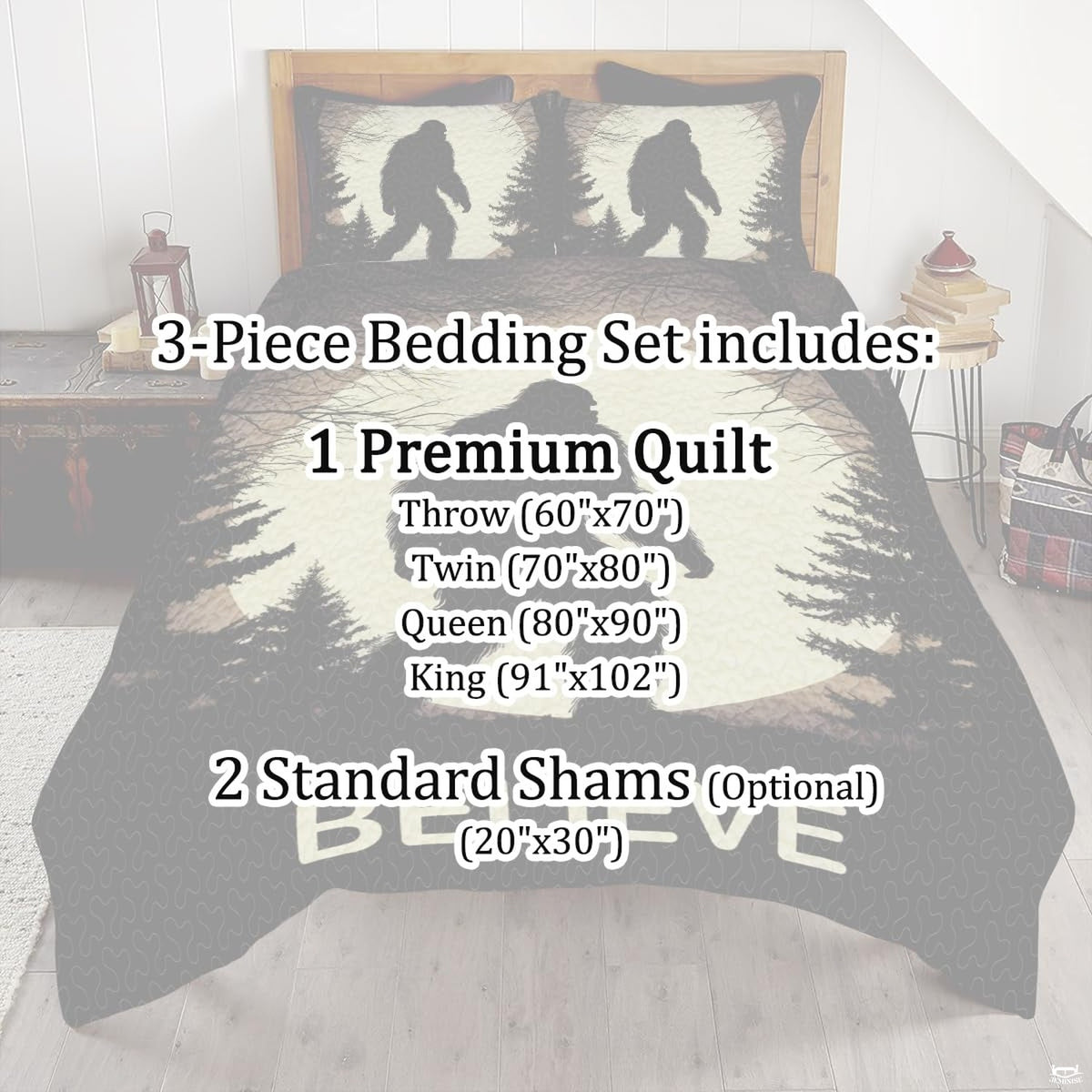 Full bedroom display of vintage khaki Bigfoot bedding styled with outdoor cabin room decor accents
