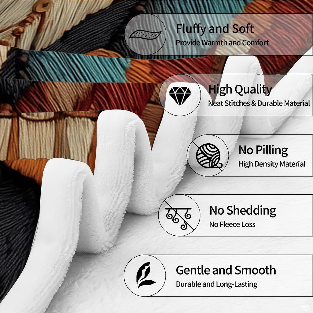 Southwestern tribal bear blanket styled on a grey sectional couch in a rustic lodge living room