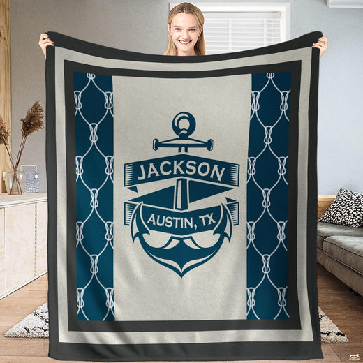 Nautical anchor rope netting throw blanket featuring navy ship anchor and knotted rope mesh borders