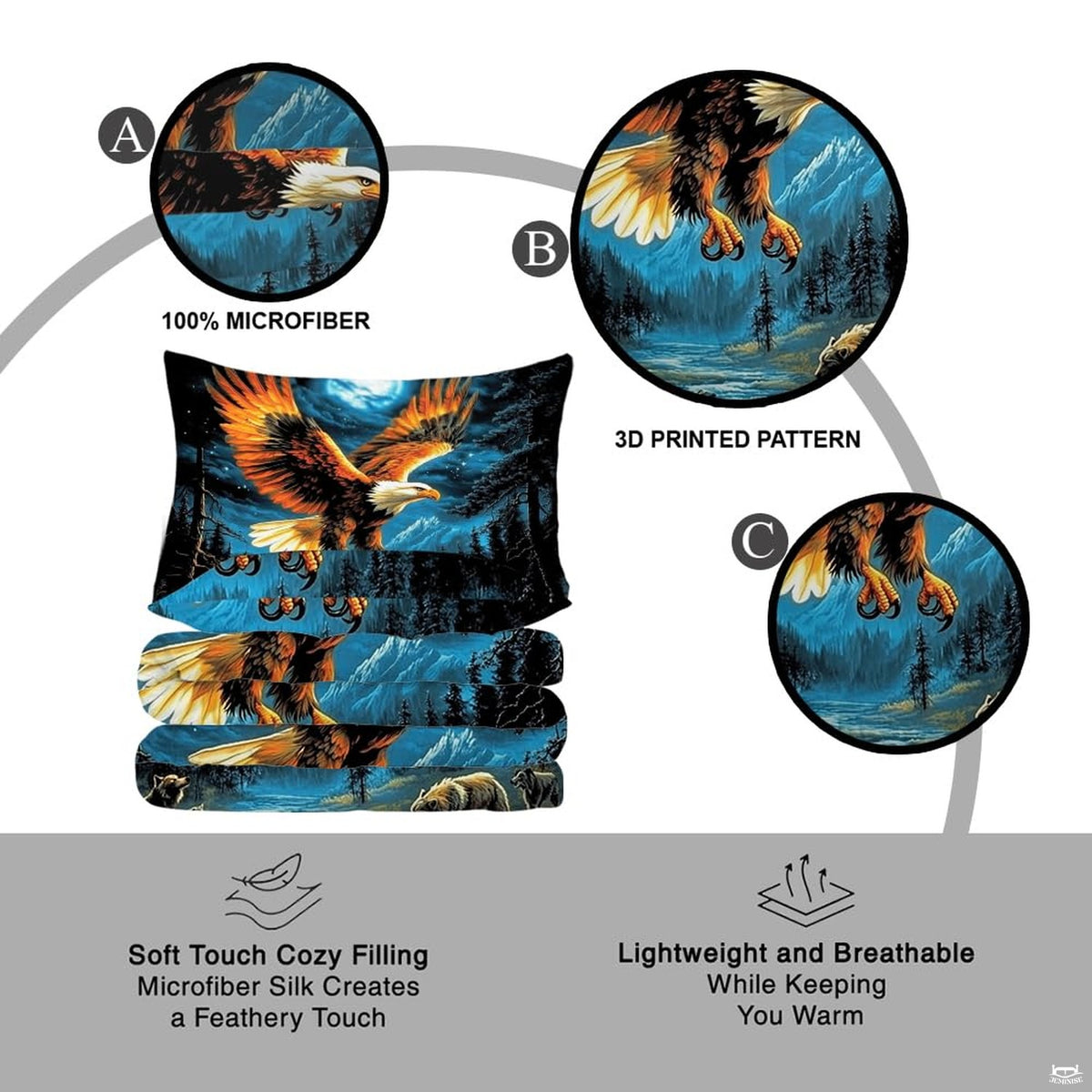 Reflective river shoreline and mountain wilderness scene on midnight blue bedding set