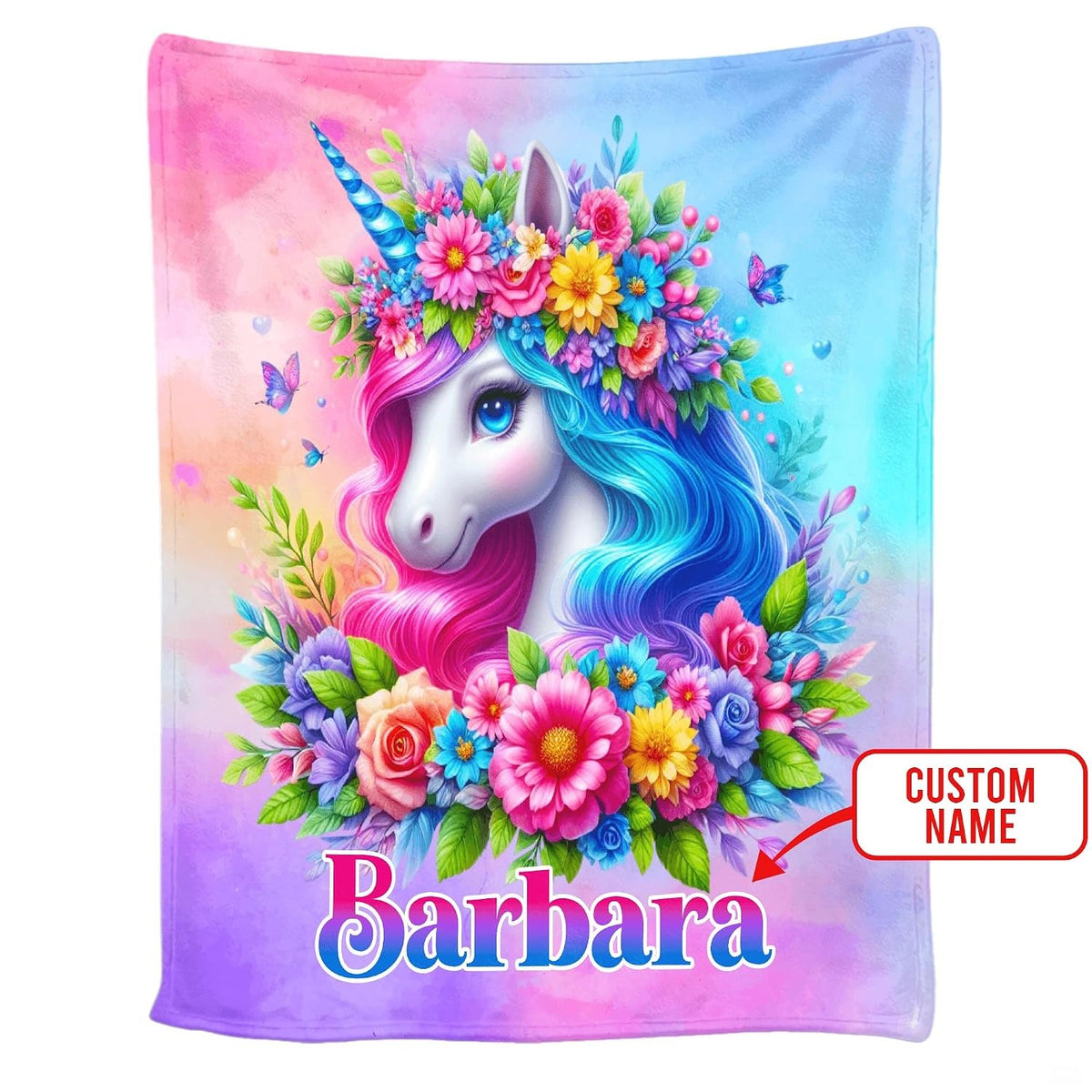 Full spread presentation of pastel floral unicorn throw blanket celebrating magical dreams
