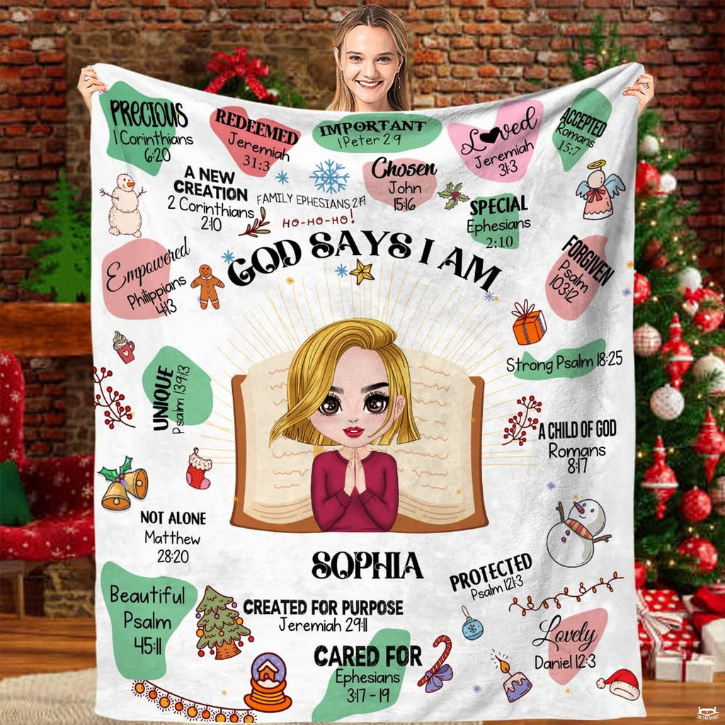 God says I am Christmas scripture faith holiday blanket showing praying girl and snowmen view 1