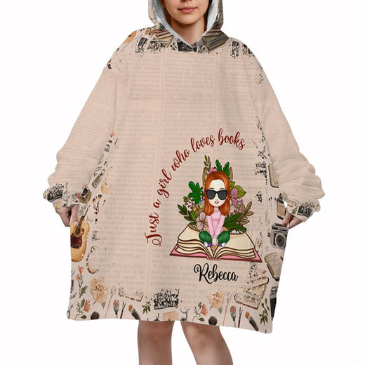 Bookworm girl reading floral throw blanket displaying whimsical reader on open book with floral background