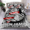 Streetball slam dunk bedding featuring soaring basketball player silhouette and red urban typography banners