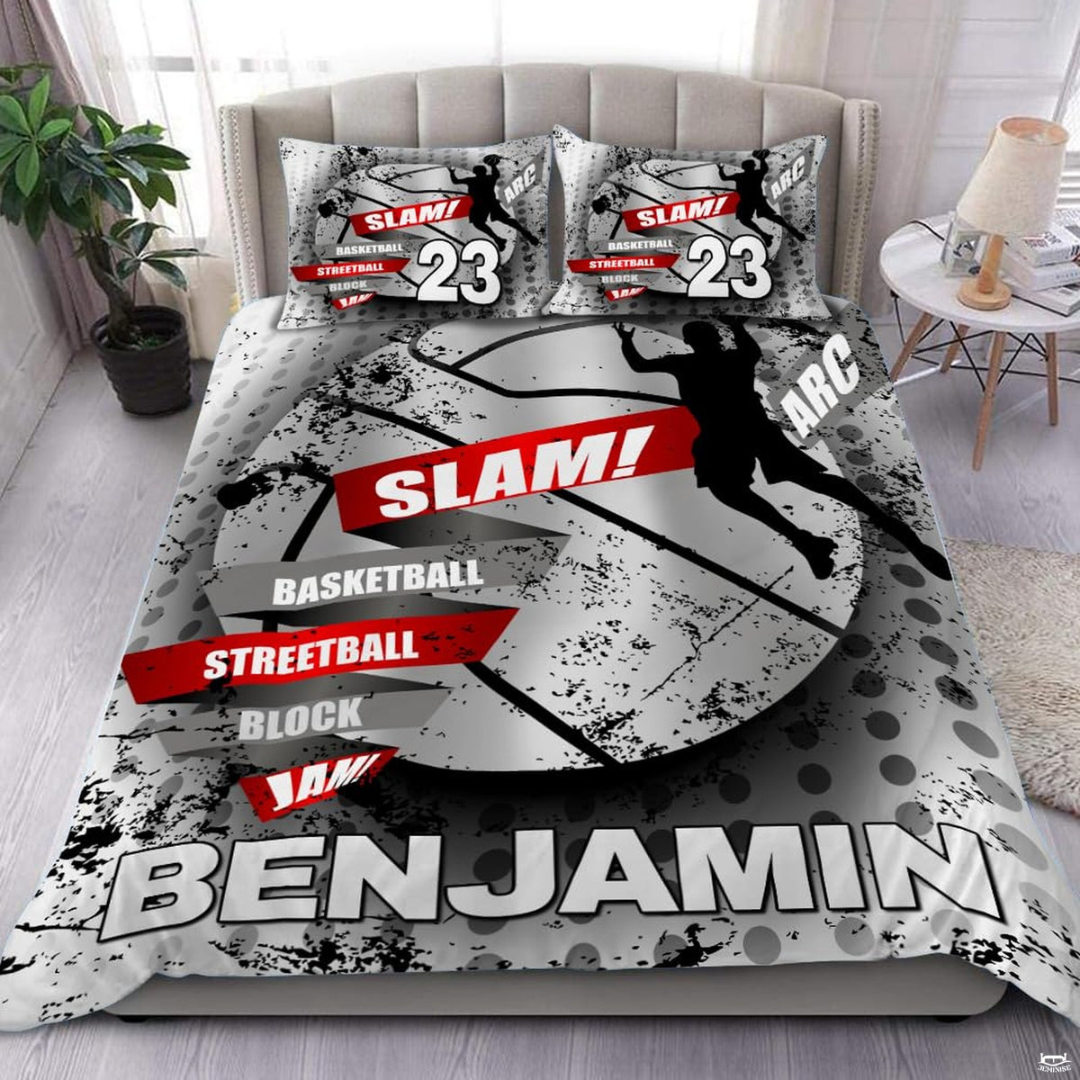 Streetball slam dunk bedding featuring soaring basketball player silhouette and red urban typography banners