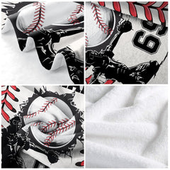 Athletic sports theme crib bedding decorated with baseball action art in a styled room setup.