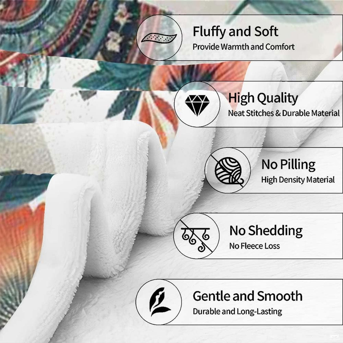 Woman holding open bohemian floral unicorn folk throw blanket in sunny modern room