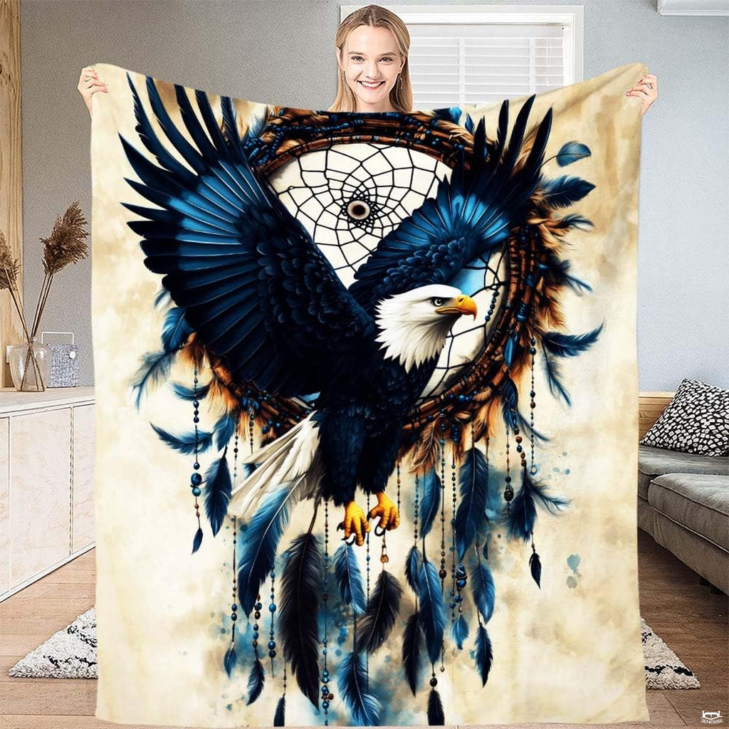 Bald eagle soaring before a circular woven dreamcatcher with turquoise feathers throw blanket