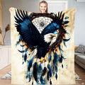Bald eagle soaring before a circular woven dreamcatcher with turquoise feathers throw blanket