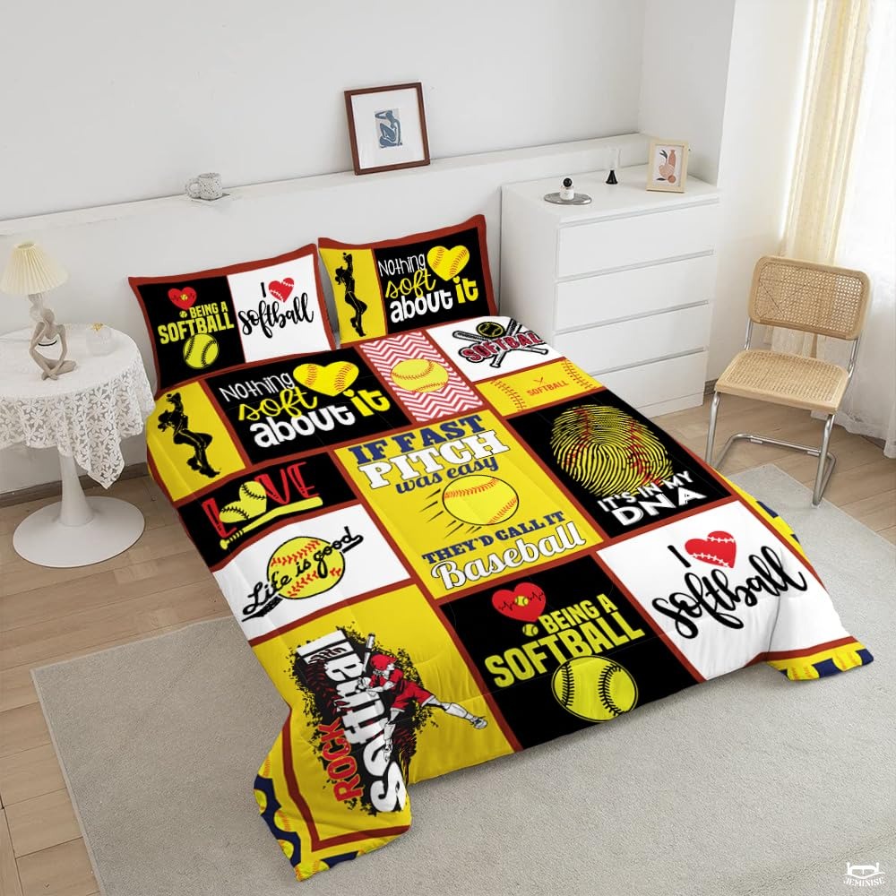 Softball Bedding Set for Softball Lover Ball Sports Theme Bedding Twin Comforter Set Girls Women Bright Teal Yellow Room Decorative Comforter Set - Twin,Queen,King Size Set Bed