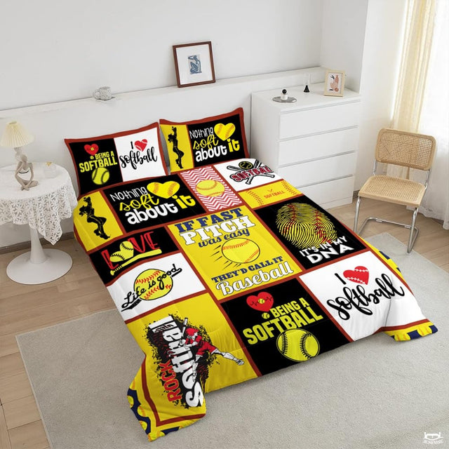 Softball Bedding Set for Softball Lover Ball Sports Theme Bedding Twin Comforter Set Girls Women Bright Teal Yellow Room Decorative Comforter Set - Twin,Queen,King Size Set Bed