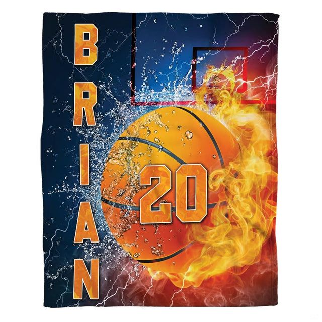 Fire and water elemental basketball throw blanket featuring blazing flame and water splash artwork