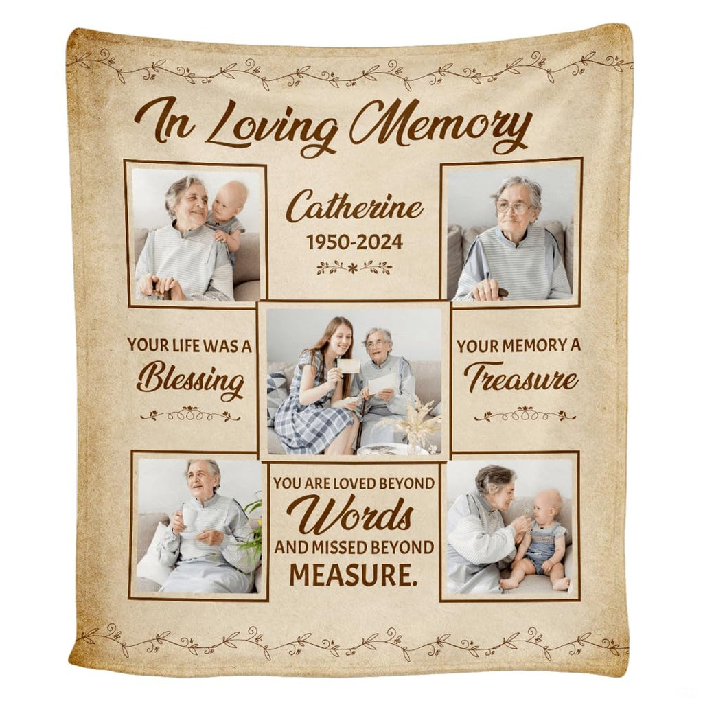 Living room staging of family memorial throw blanket draped across an armchair beside a side table.