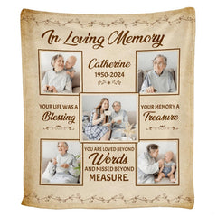 Living room staging of family memorial throw blanket draped across an armchair beside a side table.