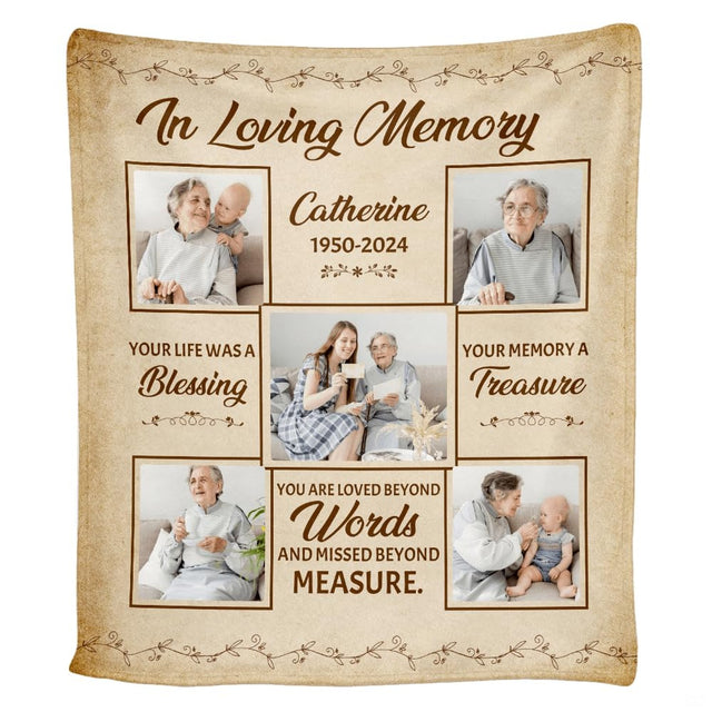 Living room staging of family memorial throw blanket draped across an armchair beside a side table.