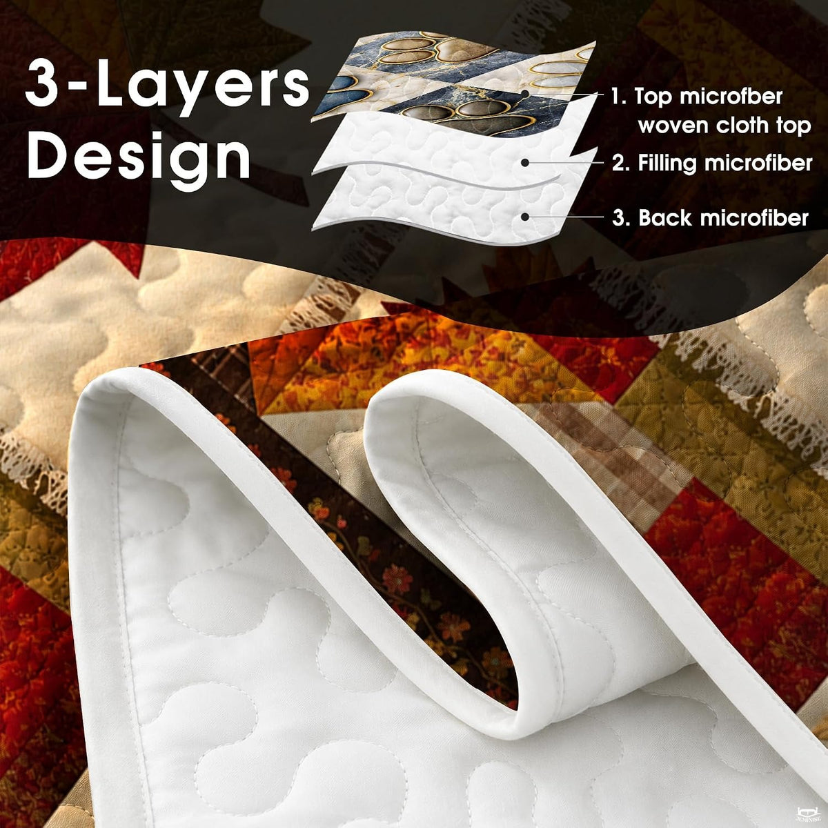 Folded corner perspective of maple leaf bedding set displaying high-contrast autumnal print quality