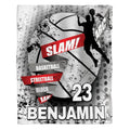 Urban dunk basketball sports throw blanket with player silhouette and halftone textured sphere