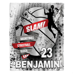Urban dunk basketball sports throw blanket with player silhouette and halftone textured sphere
