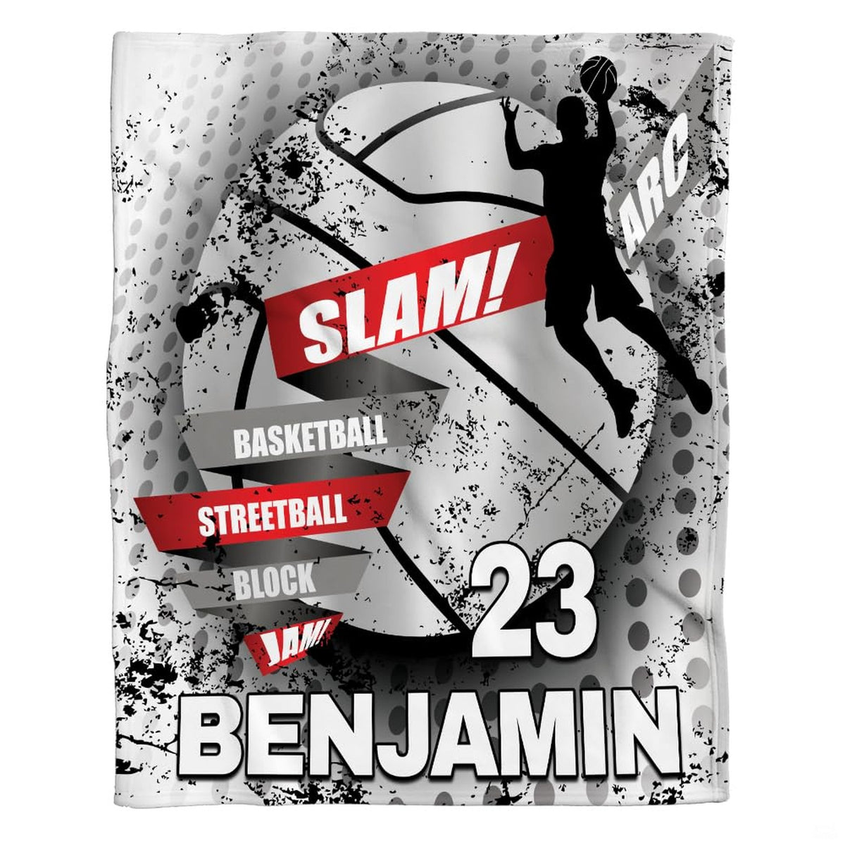 Urban dunk basketball sports throw blanket with player silhouette and halftone textured sphere