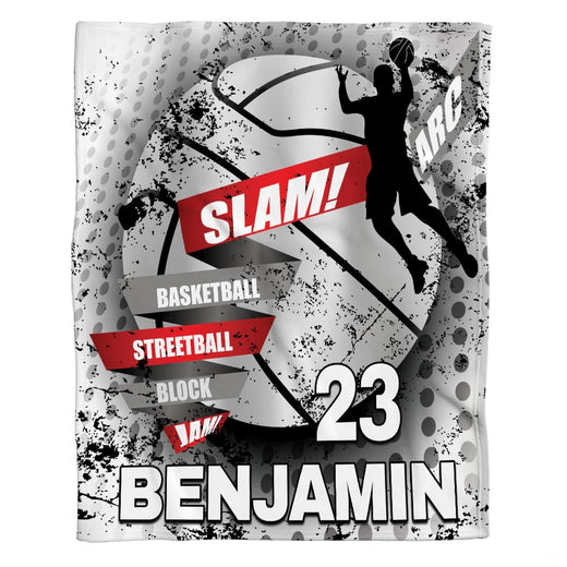 Urban dunk basketball sports throw blanket with player silhouette and halftone textured sphere