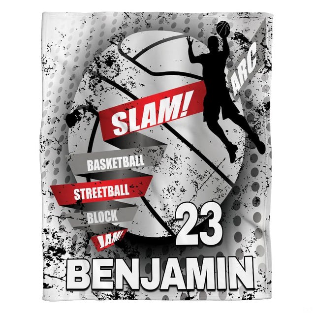 Urban dunk basketball sports throw blanket with player silhouette and halftone textured sphere