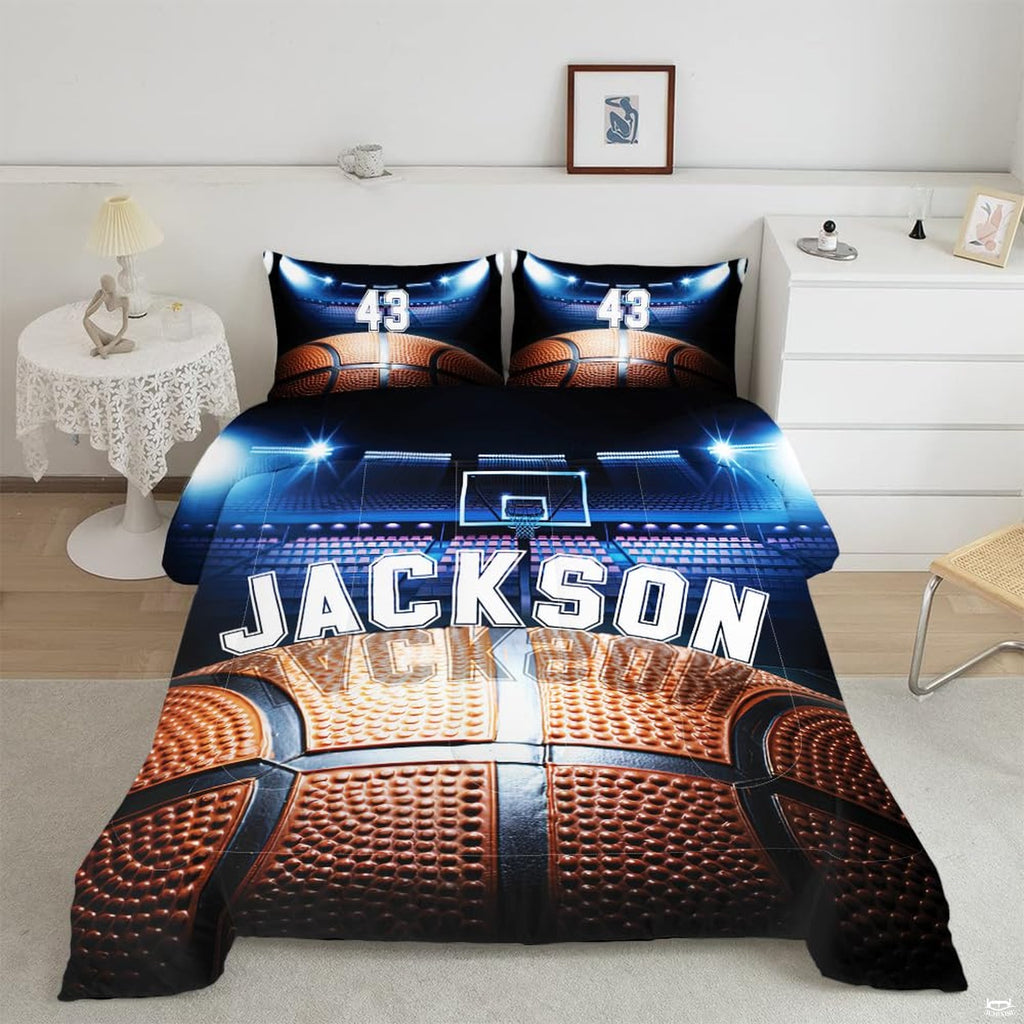 Royal blue basketball court sports bedding set displayed on a bed in an athletic themed bedroom