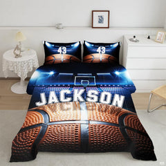 Royal blue basketball court sports bedding set displayed on a bed in an athletic themed bedroom