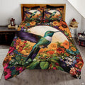Teal hummingbird with purple wing in a colorful flower garden bedding design