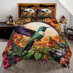 Teal hummingbird with purple wing in a colorful flower garden bedding design