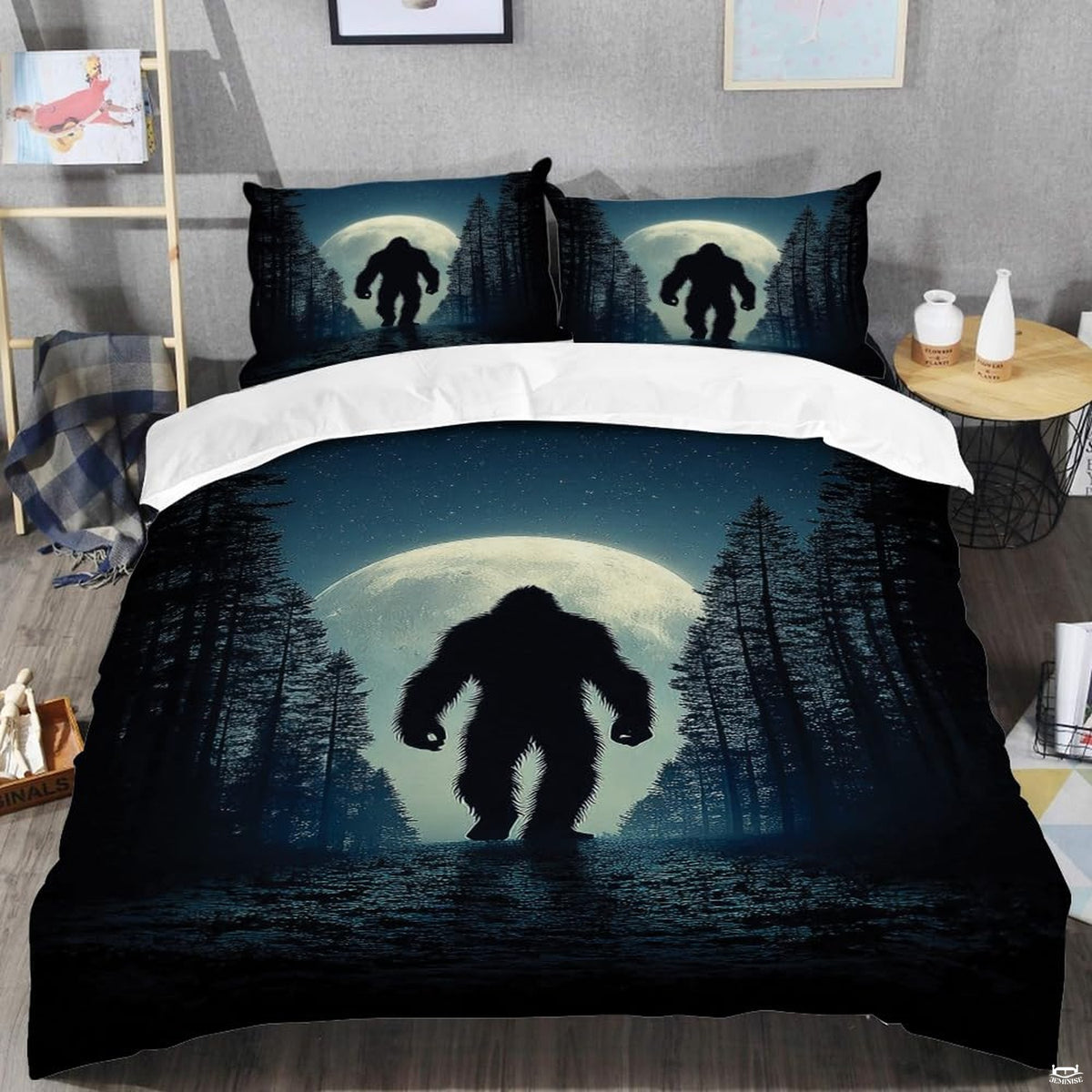Top angle perspective of bigfoot silhouette bedding showing detailed striped lunar rings and pine tree accents.