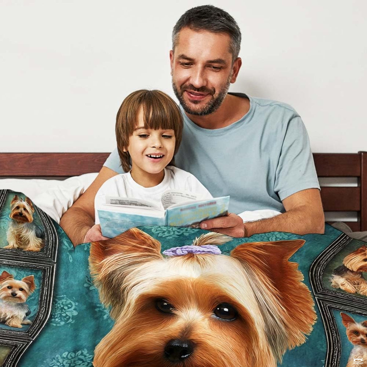 Yorkshire Terrier teal damask portrait throw blanket styled elegantly over a modern living room couch