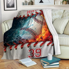 Baseball between blazing fire and water splashes with varsity lettering, view 2.